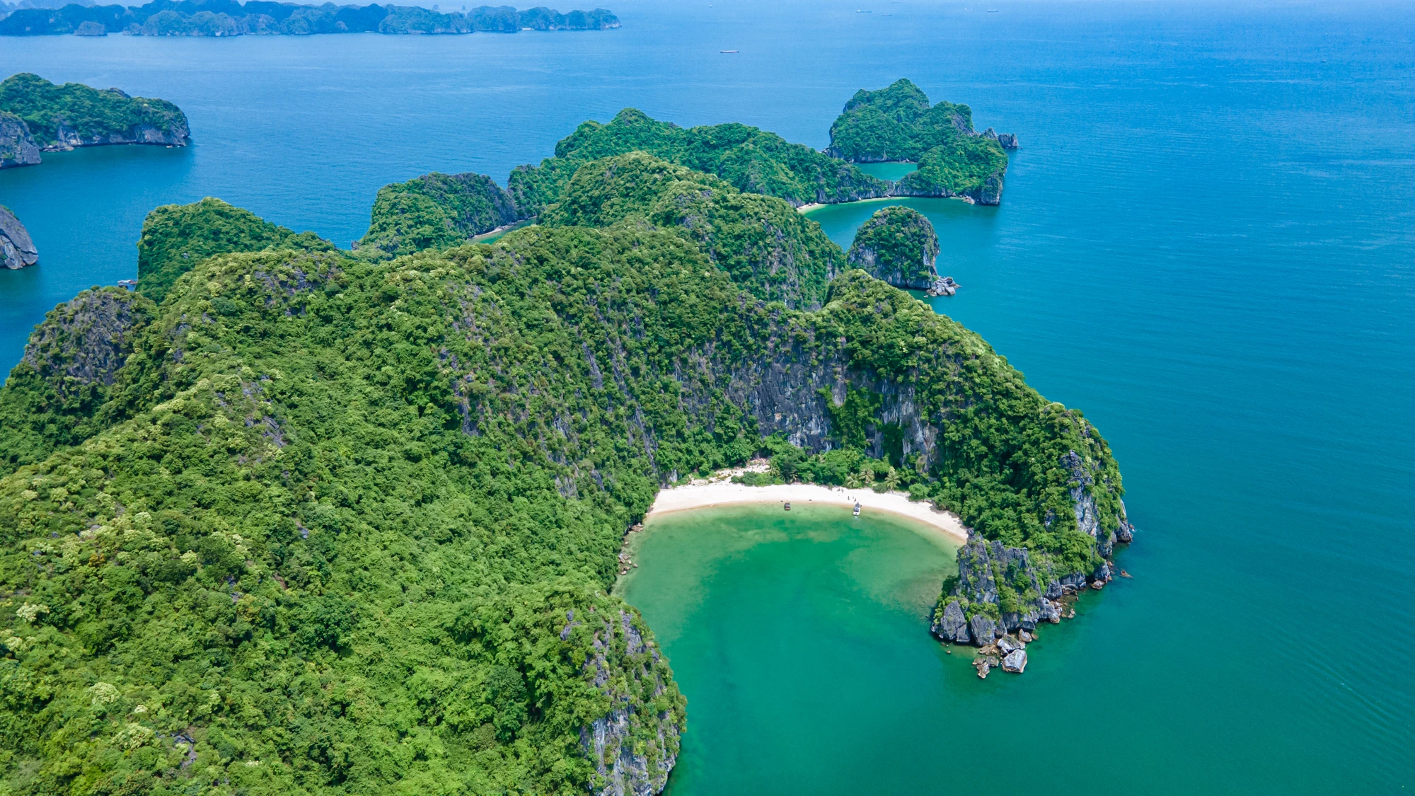 Limestone islands and sheltered bays in the Outdoors Lan Ha Bay photo library